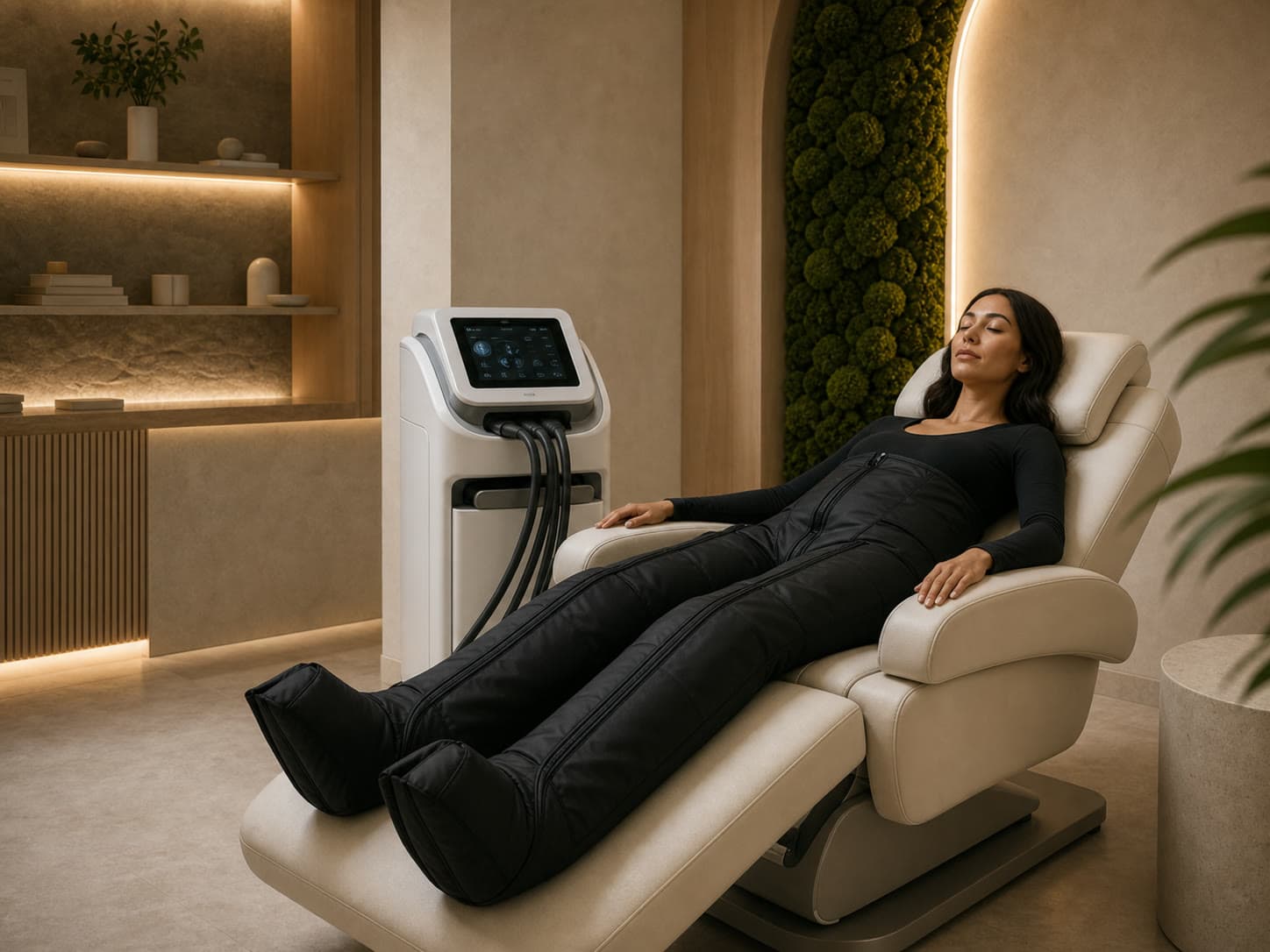 Compression therapy setup in a cream treatment chair with warm RINOVA lighting.