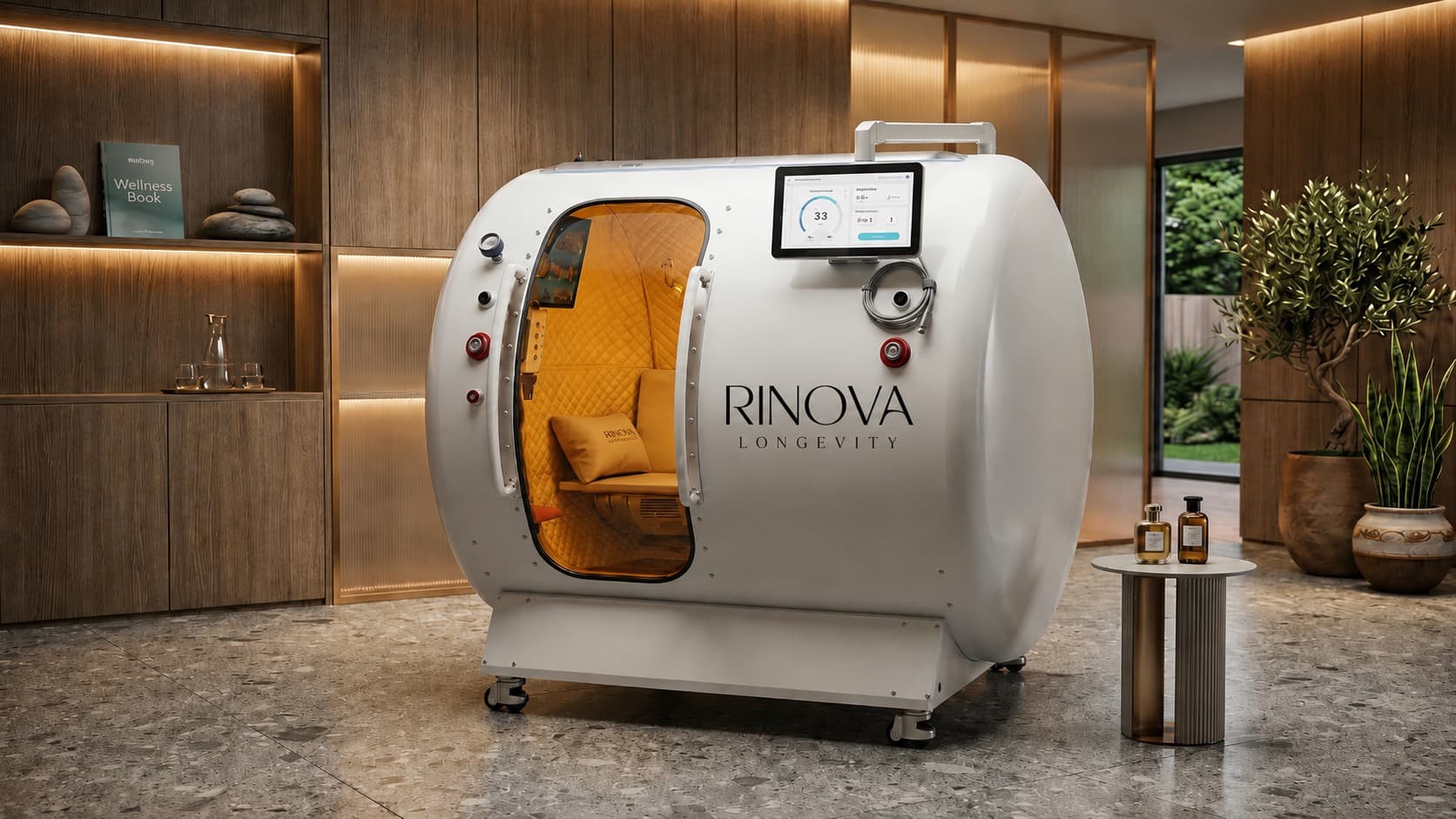 Large white RINOVA hyperbaric oxygen chamber in a warm wood and stone wellness suite.
