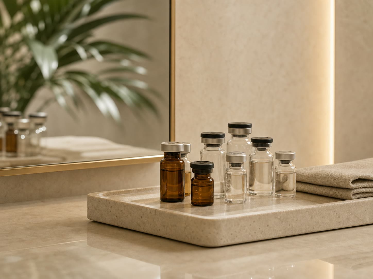Peptide therapy still life with amber vials, glass, stone, and warm RINOVA lighting.