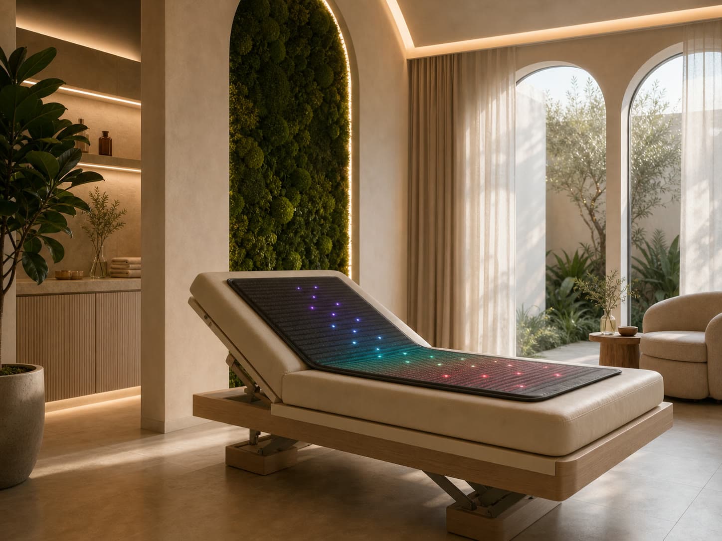 PEMF therapy mat on a treatment lounger in a warm moss-accented RINOVA suite.