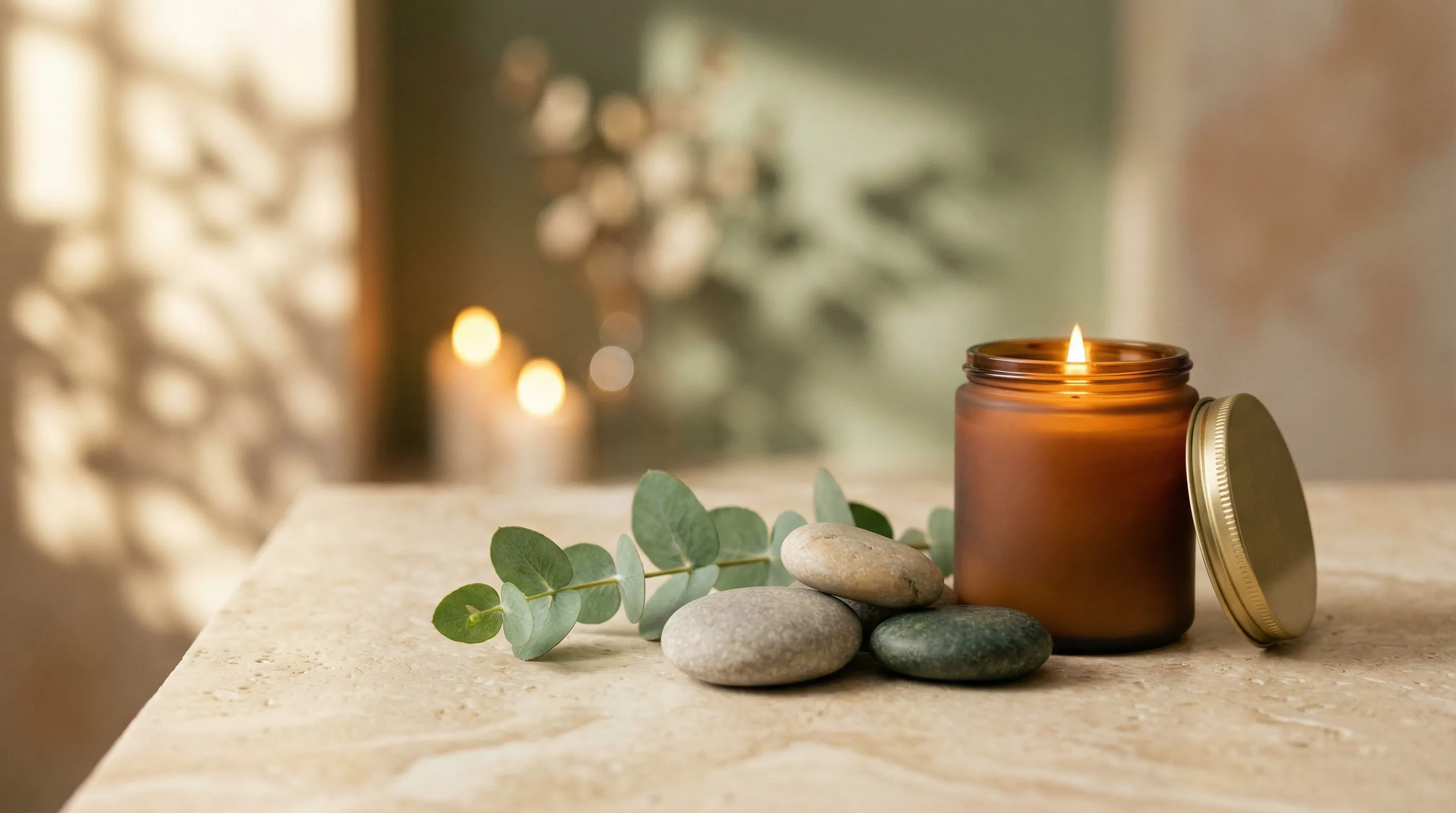 Warm spa lounge with earthy textures and soft lighting